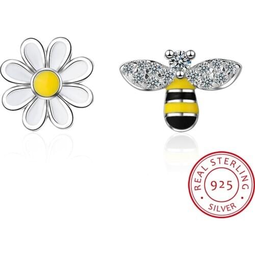 Real 925 Sterling Silver Lovely Asymmetry Bee & Sun Flower Zirconia Stud Earring boucle d'oreille for Women Fine Jewelry
