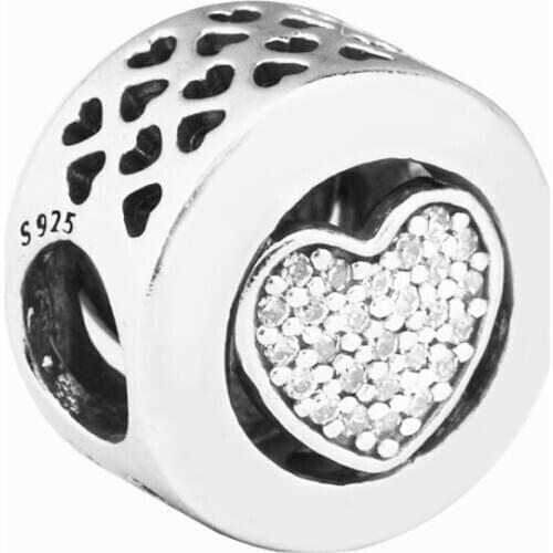 Clear CZ Heart Signature Charm Beads for Women DIY Jewelry Making Pave Stones Fine Silver 925 Jewelry Charm Beads for Bracelets