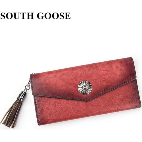 SOUTH GOOSE Genuine Leather Women Wallet Female Vintage Long Clutch Bag Luxury Coin Card Purse Portomonee Clamp For Money Bag