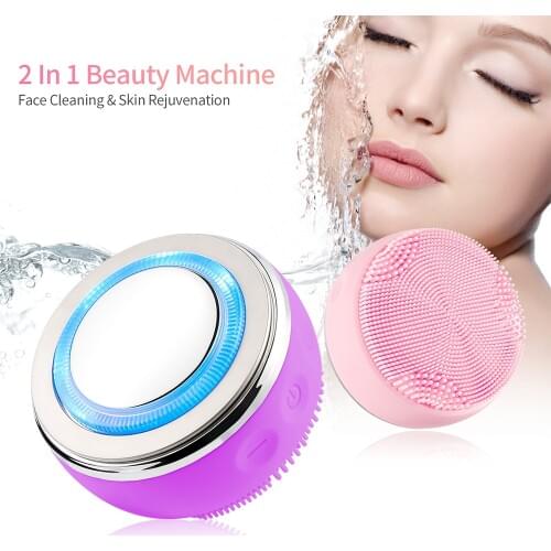 2 IN 1 LED facial cleaning brush 4 Colors Hot Warmer EMS Photon Waterproof Face Brush Massager Soft Silicone Beauty Device