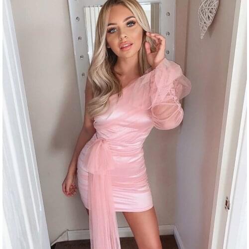 2021 Sexy One Shoulder Lace Long Sleeve Mini Bodycon Party Dress