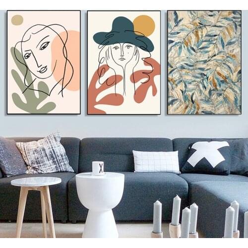 Abstract Leaves Woman Face Line Orange Wall Art Canvas Painting Nordic Posters Prints Wall Pictures For Living Room Home Decor