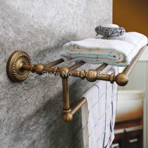 Bathroom Accessory Vintage Retro Antique Brass Wall Mounted Bathroom Towel Rail Holder Storage Rack Shelf Bar aba087