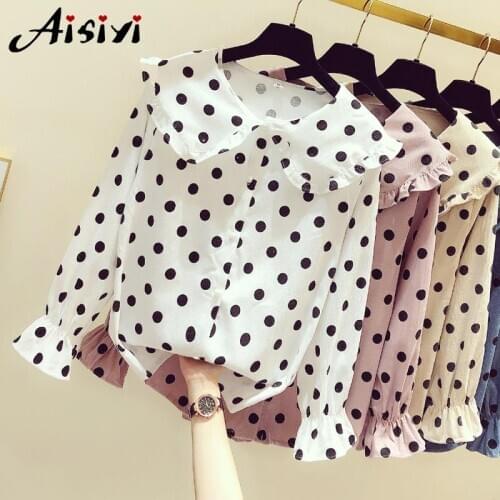 Spring Women Polka Dot Ruffle Blouse Elegant Shirts Long Sleeve womens shirt Buttons Pullover Casual Tops Female Plus Size