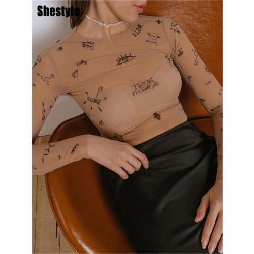 Shestyle Mesh Letter See Through Bodysuits Lady Nude Round Neck Bodycon Slim Transparent Go Out New Arrivals Fitted Clothing
