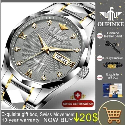 Swiss Brand OUPINKE Mechanical Wristwatch Men Automatic Stainless Steel Waterproof Date Sapphire Glass Watches for Man Gifts