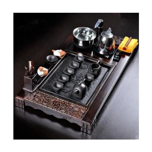 Tea set purple sand tea set black gold stone four in one solid wood tea tray teapot