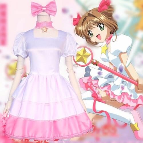 Hot Anime Cardcaptor Sakura Dress Cosplay Costume Kinomoto Sakura Party Cosplay Costume Pink White Battle Suit Dress