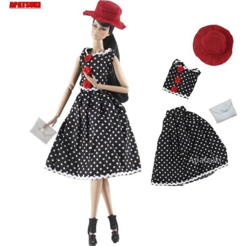 Black Polka Dot Clothes Set for Barbie Doll Outfits Dress Fashion Top Skirt Hat Purse Handbag 1/6 Dolls Accessories Kids Toys