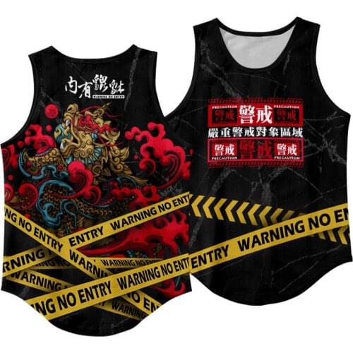 Gym Black Print Tank Top Fitness Singlets Sleeveless Round Neck Vest Men Bodybuilding Clothing Shirt