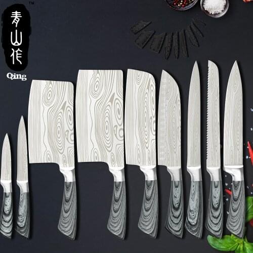 Qing Kitchen Chef Knives Set Vegetable Santoku Cleaver Stainless Steel Knives Set Free Gift Knife Sheath Damascus Pattern Blade