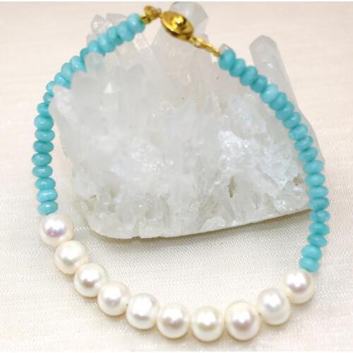 New fashion white natural 7-8mm pearl stone blue jades chalcedony 2*4mm abacus beads bracelets bangle diy jewelry 7.5inch B2981