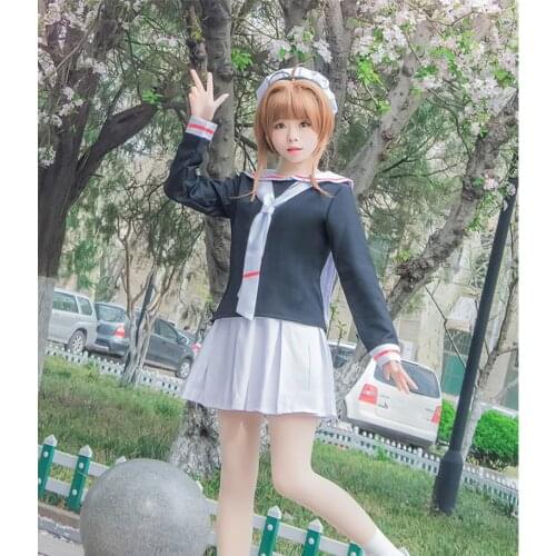 New Cardcaptor Sakura Girl Sailor School Uniform Cosplay Costume with Hat Full Halloween Carnival Party Uniform Set