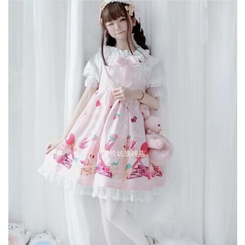 Japanese Lolita Dress Dessert Rabbit Print Lolita Spaghetti Strap JSK Cos Loli Kawaii Girl Gothic Tea Club Lolita Princess Dress