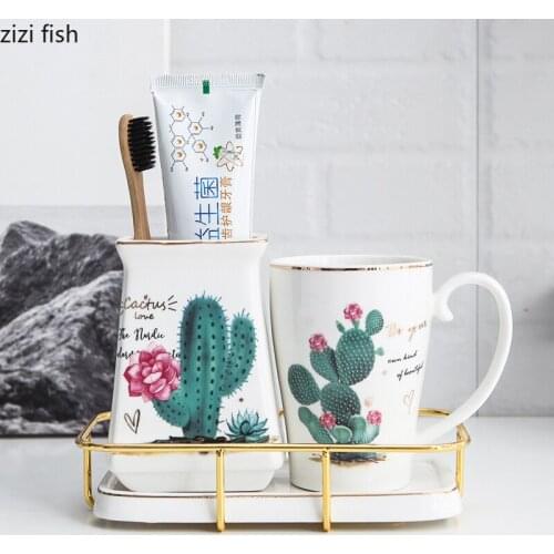 Plant Pattern Ceramic Toothbrush Holder Bathroom Accessories Rest Room Toothbrush Holder Cup Rack Wash Set Bathroom Accessories