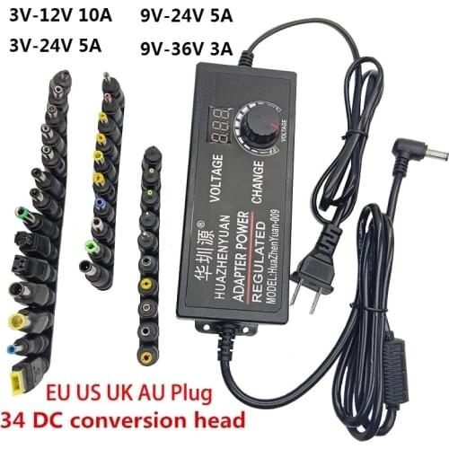 Regulated 3V 12V 9V 24V 16V 18V Adjustable AC to DC Universal Power Adapter Supply 5A 10A Display Screen 34pcs Head Plugs Jacks