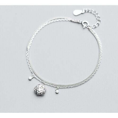 Romantic Real 925 Sterling Silver Hollow Rose Flower Crystal Double Layer Bracelet Fine Jewelry For Women Wedding Party