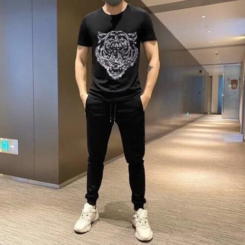 Tracksuit Men Summer Loose Plus Size Fashion Sweatshirt Suitable For Spring Male Cotton O-Neck Tees Hot Drill Skull Hip Hop Tops