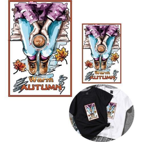 Warm Autumn With Coffee Maple Leaf Heat Transfers Iron On Patches For T-shirt DIY Craft Stickers For Clothes Decor Appliques