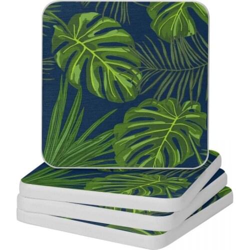 Tropical Plants On Midnight Blue Diatomite Square Round Coaster MildewProof Cup Bonsai Mat Soap Toothbrush Pad 10x10cm