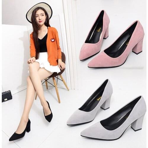 Women Pumps Flock Sweet Thick High Heels Female Sexy Office Pointed Toe Dress Work Pump Cute Shoes Ladies Footwear 2021 Sandals