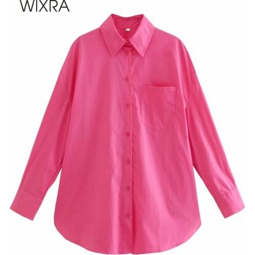 Wixra 2021 Autumn Women Blouse Turn Down Collar Pocket Long Sleeve Single Breasted Button Solid Shirts Loose Casual Lady Top