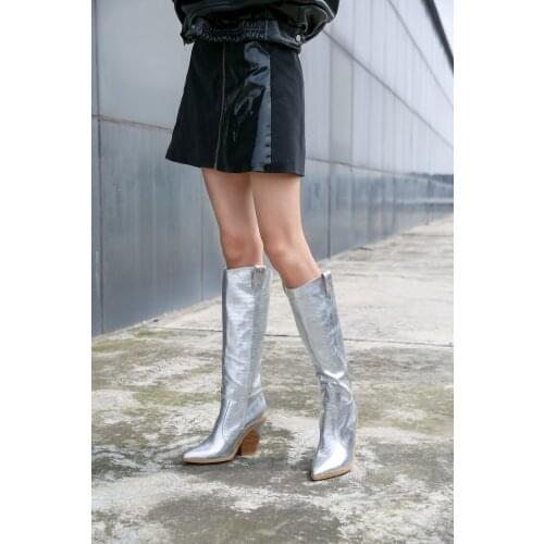 2021 Fashion Women Wedge The Knee High Cowboy Platform Boots Thick Heels Pointed Toe Winter Short Plush Slip On Shoes Luxury