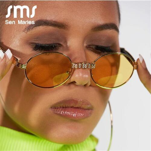 Vintage Wood Frame Diamond Sunglasses Women Gorgeous Crystal Handmade Round Eyewear UV400 Clear Lens Oval Karen Walker Glasses