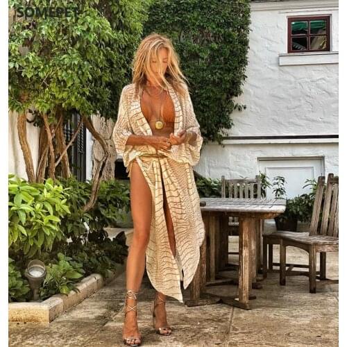 Boho Sexy Striped Chiffon Bathing Suit Women Cover-ups Plus Size Beach Wear Kimono Dress Women Summer Swimsuit Cardigan Cover Up