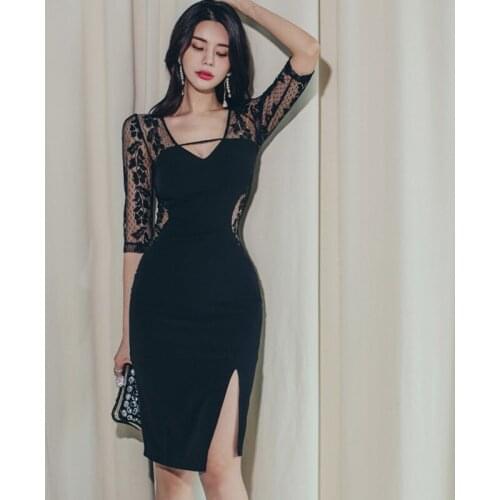 New arrival fashion split pencil dress women elegant autumn v-neck sexy lace perspective temperament simple black bodycon dress