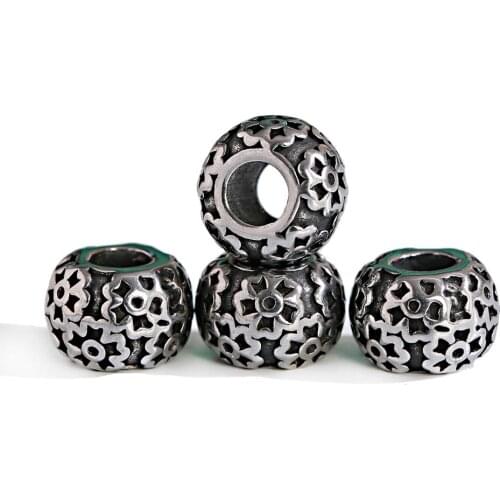 Antique Silver Color Round Beads 1 Piece/Lot Flower Shape Pattern Beads For Handmade Bracelet Accessories 2020 Jewelry Gifts