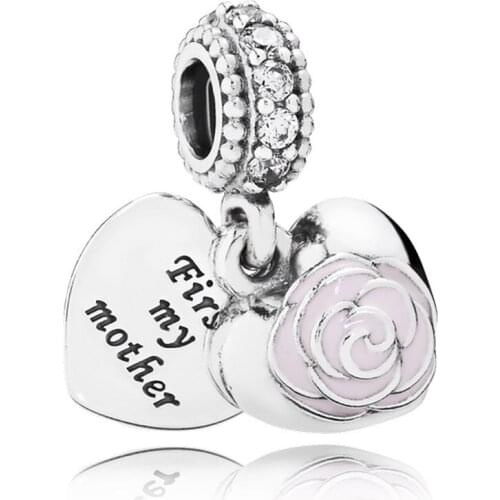 Authentic S925 Sterling Silver DIY Jewelry Mothers Rose Dangle Charm for Women Bracelet Bangle Pendant Enamel & Clear CZ Bead