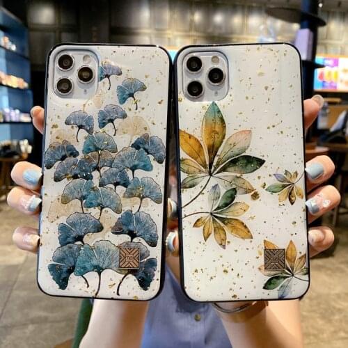 Glitter Gold Foil Ginkgo Tree Silicone Phone Case For Iphone 13 12 11 Pro MAX Mini X XR XS SE 7 8 Plus Marble Bumper Back Cover