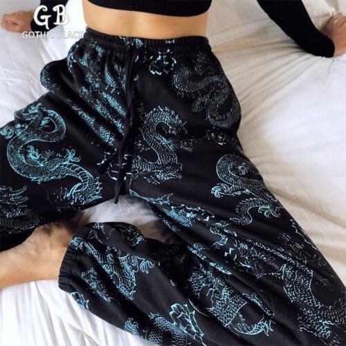 Gothblack Vintage Streetwear High Waist Loose Harem Pants Gothic Women Harajuku Dragon Print Trousers Female Casual Dark Pants