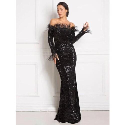 Feather Long Sleeve Sequin glitter Maxi Dress Fishtail Floor Sparkle Length Stretchy Bodycon Party Dress black silver ladie club