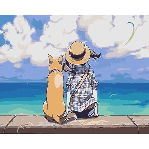 DIY Oil Painting Girl and Dog Painting By Numbers Kiss Paint Canvas Picture Hand Painted Modern 40x50CM Home Decoration