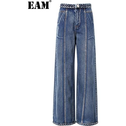 [EAM] High Waist Dark Blue Denim Long Casual Wide Leg Jeans New Loose Women Trousers Fashion Tide Spring Autumn 2021 1DD9695