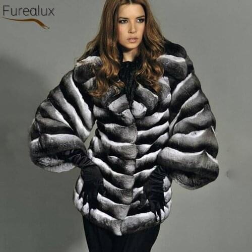 FUREALUX Authentic Real Rex Rabbit Fur Coat Leather Grass Womens Winter Horizontal Striped Large Lapel Fashion Warm Clothing