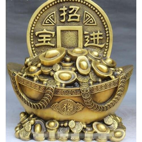 Chinese Folk Pure Bronze Fengshui Auspicious Yuanbao Coin Money Wealth Statue