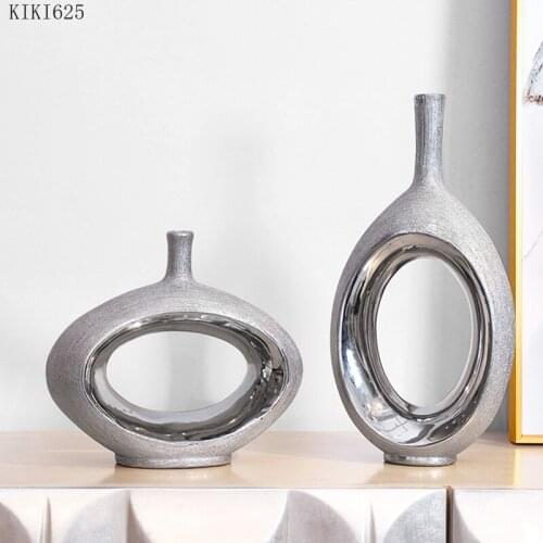 Creative Ceramic Hollow Flower Luxury Silver Brushed Flower Arrangement Living Room Dining Table Crafts Decorative Flower Vase