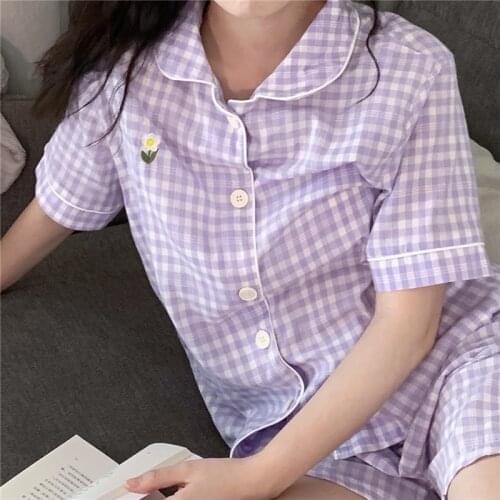 Purple embroidery summer pajama set women summer loungewear plaid blouses tops pijamas shorts home suit girls sleepwear Y716