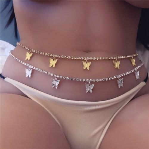 Hot Sale Rhinestone Butterfly Charm With Crystal Chain Butterfly Belly Waist Chain Jewelry For Women Rhinestone Stomach Chain