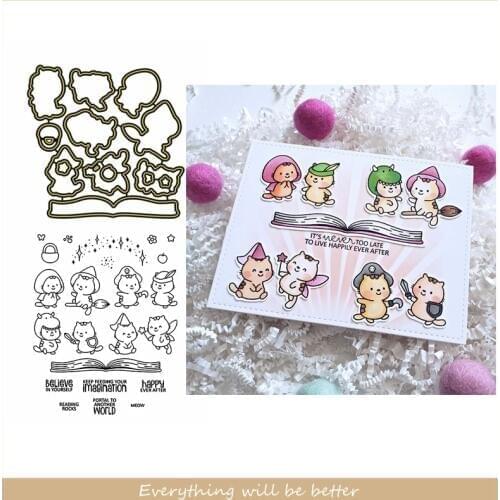 Mix Cute Cat Cartoon Book Magic Happy Sentence Words Metal Cutting Dies Match Combine Clear Silicone Stamps Make Cards Scrapbook