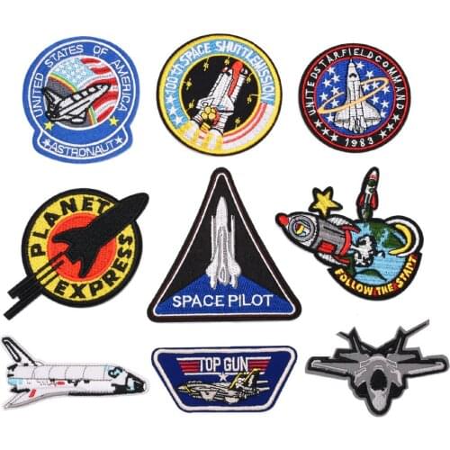 Space Shuttle Embroidery Patches Iron on Cartoon Aircraft Badges DIY Thermo Stickers for Clothes Hole Patch Decorative Appliques