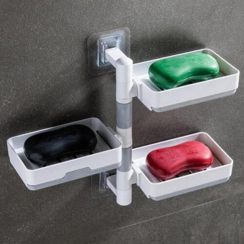 Wall Mount Rotatable Soap Holder Punch Free Rotation Soap Holder Wall Mount 2-Tier Soap Dish Storage Rack Shelf