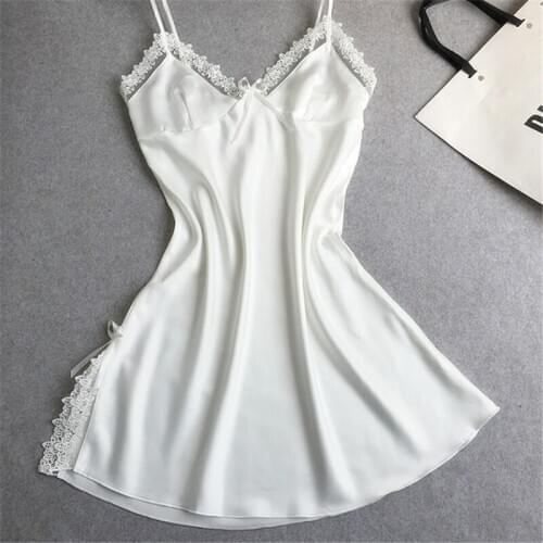 Sling Nightgown solid color new female summer lace sexy Sleepwear seduction white dress soft fashion sexy nightware faux silk