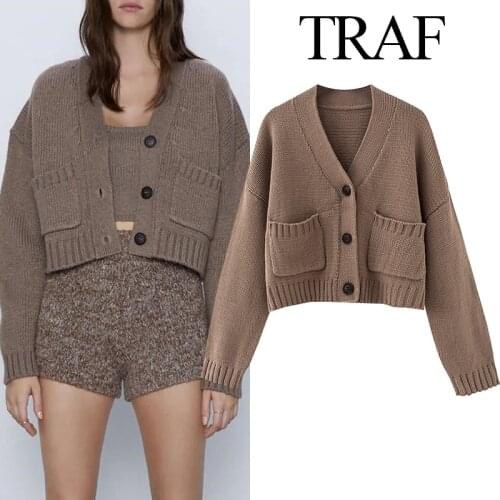 TRAF ZA Autumn Womens Sweater Solid Pockets Cardigan Mujer Knitted Sweater Casual Set Fashion Streetwear Sexy Female Cardigan