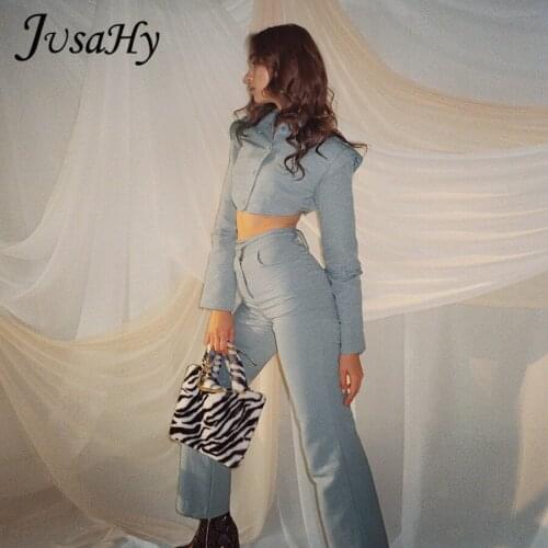 JuSaHy Autumn Outwear Womens Two Pieces Set Long Sleeves Polo And Banadage Pants Matching Outfits Casual Office Lady Streetwear