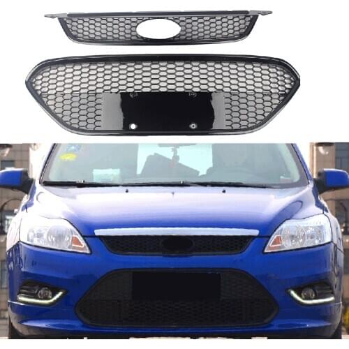 Front Gill+ Lower Grille Bumper Honeycomb For Ford Focus 2009 2010 2011 2012 2013 2014 2015 Hatchback Sedan Glossy Black