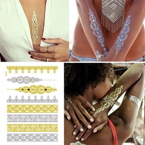 ATOMUS 1PC Flower Body Temporary Henna Tattoos Metallic Gold and Silver Bracelet Stickers Flash Art Tattoo Sticker